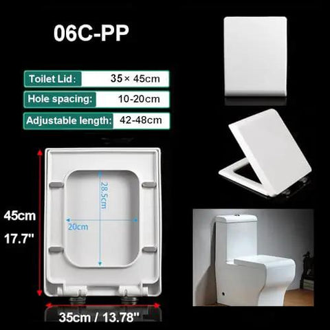 Dimensions and features of Solid As A Rock Square Toilet Seat Featuring Ultra Smooth Soft Close Lid And Super Quick Release Hinges
