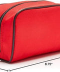 Red zippered first aid kit pouch with dual compartments, approx 8.75 in long by 5 in high