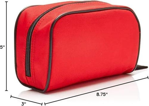 Red zippered first aid kit pouch with dual compartments, approx 8.75 in long by 5 in high
