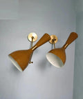 1950 Mid Century Italian Hardwire Brass Wall Sconce Pair Brown Wall Fixture Diabolo Lamp with brown shade detail.