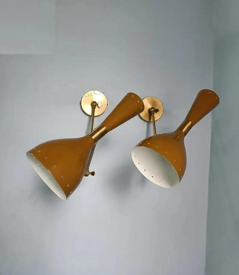 1950 Mid Century Italian Hardwire Brass Wall Sconce Pair Brown Wall Fixture Diabolo Lamp with brown shade detail.