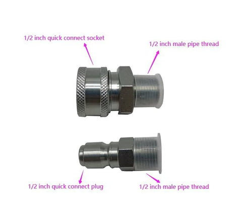 Two-piece 1/2-inch quick-connect metal adapter set with socket and plug; male pipe-thread ends.