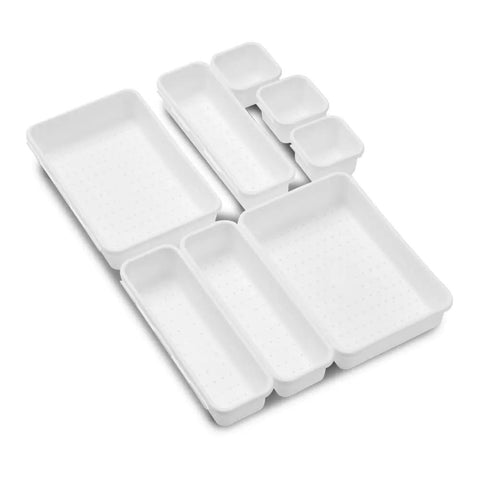 Interlocking Bin Pack 8 Piece Set For Home Organization And Office Storage Junk Drawer Friendly Modular Drawer Organizer System With Durable Non Slip Bins In White Custom Configurations For Shelves Desks And Cabinets.