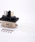 Heavy Duty EV High Voltage Connector Plug N Play Two Pin Socket With M6 Holes Rock Solid IP67 Waterproof showing metal housing and connectors.