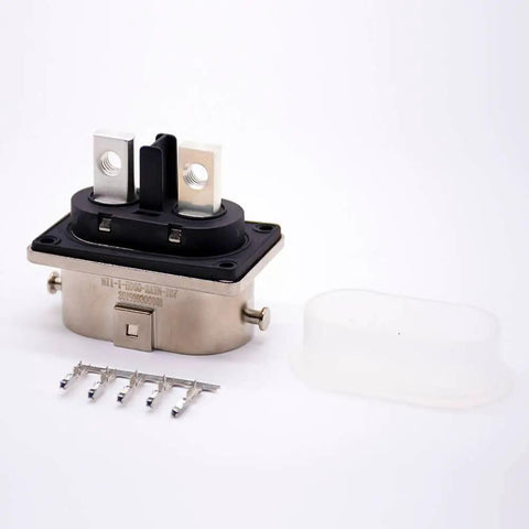 Heavy Duty EV High Voltage Connector Plug N Play Two Pin Socket With M6 Holes Rock Solid IP67 Waterproof showing metal housing and connectors.