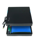 Compact Mini UPS Battery Backup For 12 Volt Routers Cameras And Speakers Emergency Standby Power Supply showing black exterior and lithium battery.