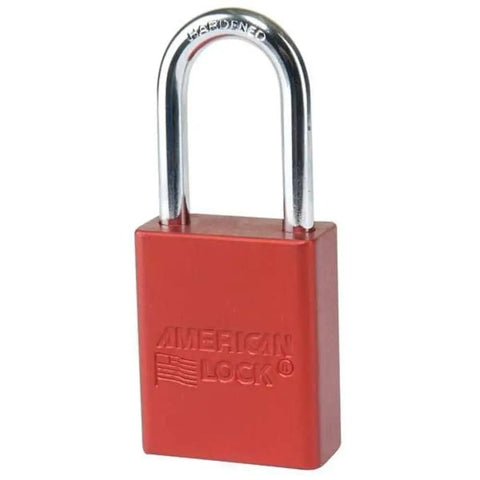 Red padlock with steel shackle, not exactly matching Aluminum Padlock One And A Half Inch Wide Body With Blue Anodized Finish Corrosion And Spark Resistant OSHA Compliant Lock For Industrial Security And Heavy Duty Storage.