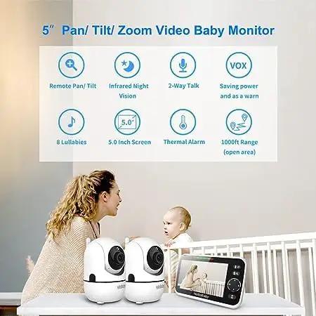 Super Crisp 5 Inch No WiFi Baby Monitor Featuring Dual Pan Tilt Zoom Lenses And Rock Solid Two Way Audio Uses Secure Private Link For Zero Hassle Setup And Smooth Nighttime Coverage Daily with a mother and baby.