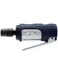 Rugged 1/4 Inch Pneumatic Die Grinder Packing Hella Fast 25000 RPM Power For Straight Up Deburring Polishing And Metal Prep Jobs At Your Local Shop Today side view with trigger and attachment.