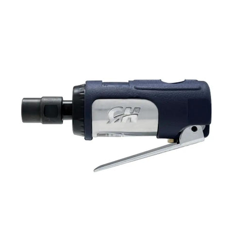 Rugged 1/4 Inch Pneumatic Die Grinder Packing Hella Fast 25000 RPM Power For Straight Up Deburring Polishing And Metal Prep Jobs At Your Local Shop Today side view with trigger and attachment.