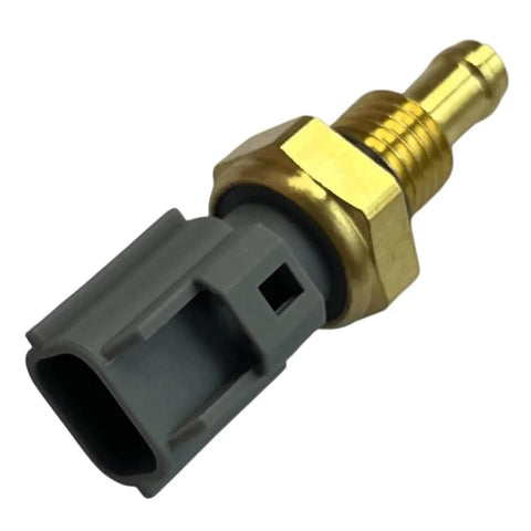 Coolant temperature sensor, close-up view, brass threaded body and gray plastic connector.