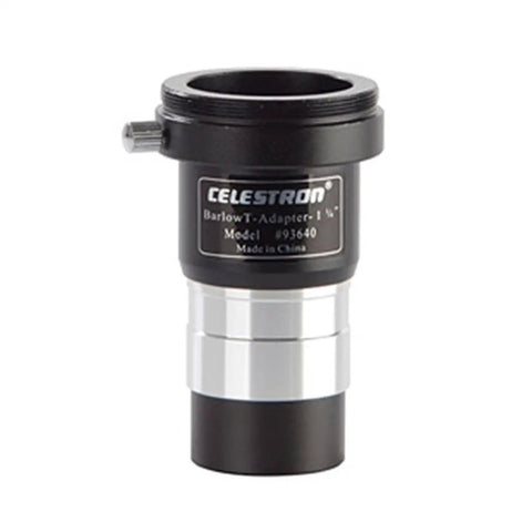 Close-up of 2X Barlow And T Adapter For 1.25 Inch Eyepieces Universal Telescope Accessory in black and silver finish.