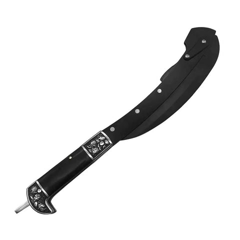 All-Black Sharp Edge Folding Sickle With Wooden Handle shown folded, lightweight design for portable grass cutting.