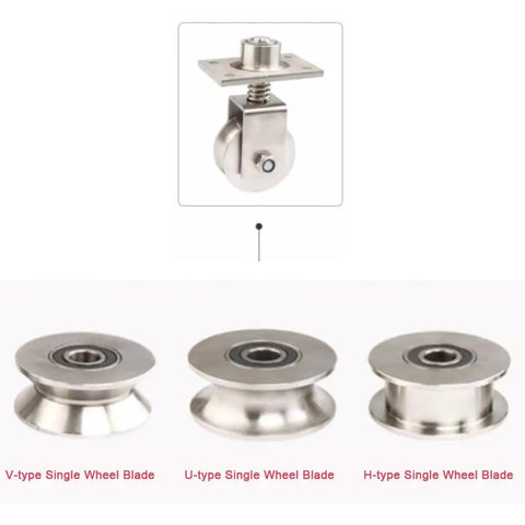 Heavy Duty Sliding Gate Wheels 68mm V Groove Casters Spring Loaded Gate Rollers, showing V-type, U-type, H-type blades in stainless steel.