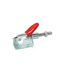 Built Like A Tank Galvanized Steel Toggle Clamp With Bright Red Handle For Welding Fixtures And Woodworking Jigs Clamping Pieces Fast With No Sweat Grip During Any Build Project, side view, zinc plated steel.