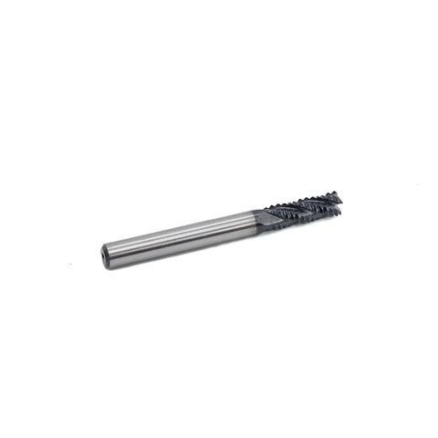 Roughing end mill, side view, HSS square-nose, 4-flute, 1/4 in shank, 3/4 in flute length