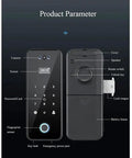 Slick Smart Fingerprint Door Lock And Password Code For Frameless Sliding Doors, showing parameters like fingerprint sensor and unlock key.