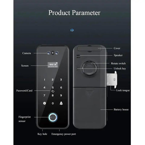 Slick Smart Fingerprint Door Lock And Password Code For Frameless Sliding Doors, showing parameters like fingerprint sensor and unlock key.