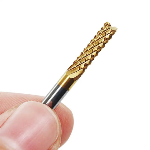 Close-up of a single 10Pcs Titanium Coated Carbide End Mills 0.8 To 3.0 Mm Engraving Bit held between fingers, showing cutting edge.