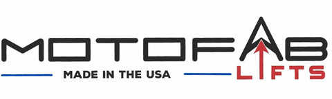 Motofab Lifts logo, Made in the USA, with red and blue design elements
