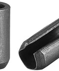Close-up of 5mm x 8mm slotted spring pin set, plain finish, showing slotted design for quick positioning in machine projects.