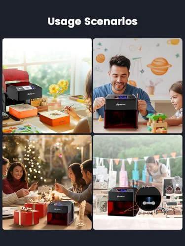 AlgoLaser 10W portable laser engraver machine, black housing, shown in home-use scenes