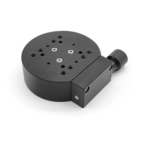 Close-up view of R Axis 360 Degree Manual Rotary Stage 100mm Table With Precision Angle Adjustment, Worm Gear Drive, 2 Degree Minimum Scale.