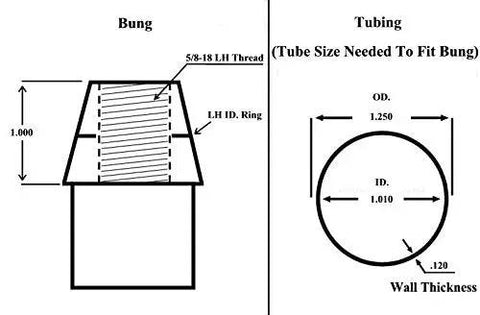Diagram showing specifications for bung and tubing sizes for Heavy Duty 1/2 Inch Bore Four Link Rod End Kit With Convertible Bung Cones.