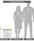 Rock Solid 95 Quart Clear Plastic Storage Bin With Easy Grip Handles For No Sweat Organization And Smooth Transport Legit Extra Large Bulk Storage Container next to outlines of a woman and man for size reference.