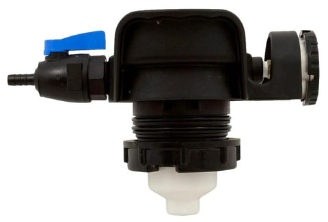 Front view of Waterway pressure relief valve assembly, Crystal Water, black plastic with blue lever and white outlet