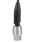 Front view: FASTROHY pressure transducer sensor with 1/8 NPT stainless steel threaded base and black plastic probe