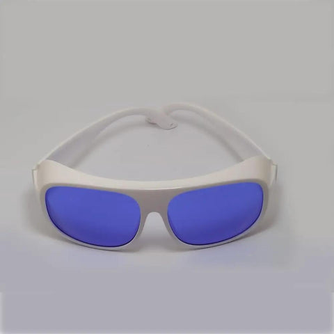 Heavy Duty Laser Safety Glasses With Top Shelf OD4 Plus Protection For Yellow Pulsed Dye Lasers And Clinical Dermatology Work Certified Eye Safety Gear For Hospitals And Labs, front view with blue lenses.