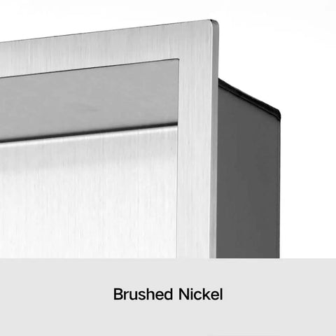 Close-up of Shower Niche Insert 12 By 12 Inches No Tile Needed Stainless Steel Brushed Nickel Easy Install Rectangle Shower Shelf edge.