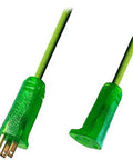 Heavy Duty 100 Ft Lighted Outdoor Extension Cord 12 Awg 15 Amp Sjow Rated Weather Resistant with green glowing tip plug.