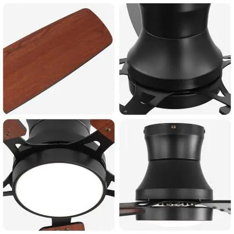 Close-up details of Bayfeve 52-Inch Flush-Mount Ceiling Fan with Light (Black + Plywood) showcasing blade and motor design.