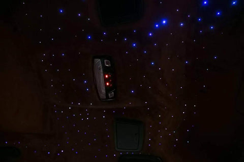 Starry car ceiling with Compact Starlight Headliner Fiber Optic Lights Kit With Two Hundred Fibers Six Point Five Feet Long Six Watt Mini Size Music Activated Remote And App Control For Dope Car Or Home Ceiling Star Lighting