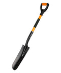 Heavy Duty Spade Shovel For Digging Transplanting And Draining With D Grip And Fiberglass Handle Alloy Steel Construction Versatile Drain Spade For Planting Trenching Loose Soil And Garden Bed Work with orange accents