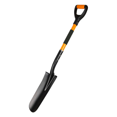 Heavy Duty Spade Shovel For Digging Transplanting And Draining With D Grip And Fiberglass Handle Alloy Steel Construction Versatile Drain Spade For Planting Trenching Loose Soil And Garden Bed Work with orange accents
