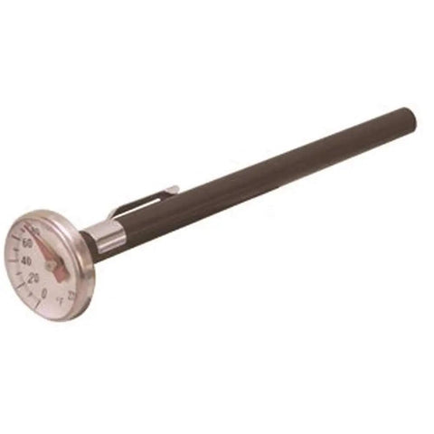 Stainless Steel Pocket Dial Thermometer With 5 Inch Stem And 1 Inch Dial For Fridges Freezers And Air Conditioners, Temperature Range 0 To 220 F, Recalibration Adjustment, Super Handy Durable Kitchen And HVAC Temp Tool showing side view with clip-on case.