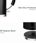Retro Glass Electric Kettle 1.5 Liters Tea Boiler With Bpa Safe Cordless Setup Straight Up Plastic Free Build And Auto Shut Off Protection In Sleek Black showing boil-dry protection and 360-degree cordless base.