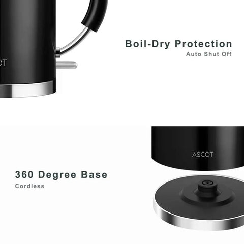 Retro Glass Electric Kettle 1.5 Liters Tea Boiler With Bpa Safe Cordless Setup Straight Up Plastic Free Build And Auto Shut Off Protection In Sleek Black showing boil-dry protection and 360-degree cordless base.