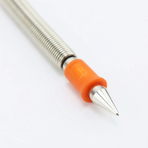 Close-up of a spring punch from Do It All 5 Piece Nail Setter And Door Hinge Tool Set with orange grip and metal tip
