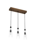 Three Light Wooden Pendant Light With Height Adjustable Clear Bottle Glass Shades, Industrial Farmhouse Style Ceiling Fixture For Kitchen Island Or Dining Area, Modern Rustic Glass Bottle Lighting, front view