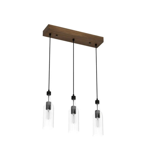 Three Light Wooden Pendant Light With Height Adjustable Clear Bottle Glass Shades, Industrial Farmhouse Style Ceiling Fixture For Kitchen Island Or Dining Area, Modern Rustic Glass Bottle Lighting, front view
