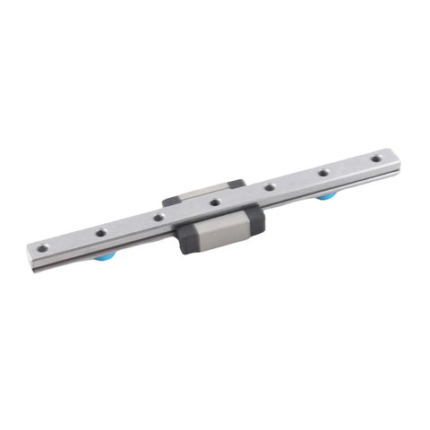 100mm linear rail guide with sliding carriage on a silver aluminum rail; gray carriage.