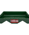 36 Pack Commercial Paint Roller Tray Set With Deep Wells And Brush Rack Made From Tough Solvent Resistant Polypropylene side view of a green paint roller tray