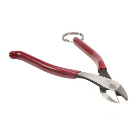 9 Inch High Leverage Diagonal Cutting Pliers With Split Ring Tether For Fall Protection Ironworker Grade Power Induction Hardened Knives Comfortable Plastic Dipped Handles Made In USA angled view