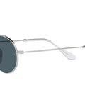Side view of Unisex Oval Sunglasses With Dope Silver And Blue Frame Non Polarized Full Rim 51mm Lens Width Lightweight All Day Comfort.