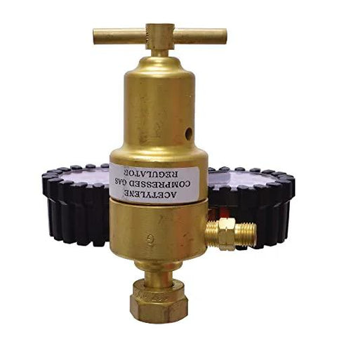 Front view of brass Uniweld RMC100 Centurion acetylene regulator with A outlet and 200 CGA inlet.