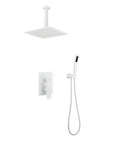 16" Rain Systems Wall Mounted Shower with white ceiling-mount rain showerhead and hand shower attachment.